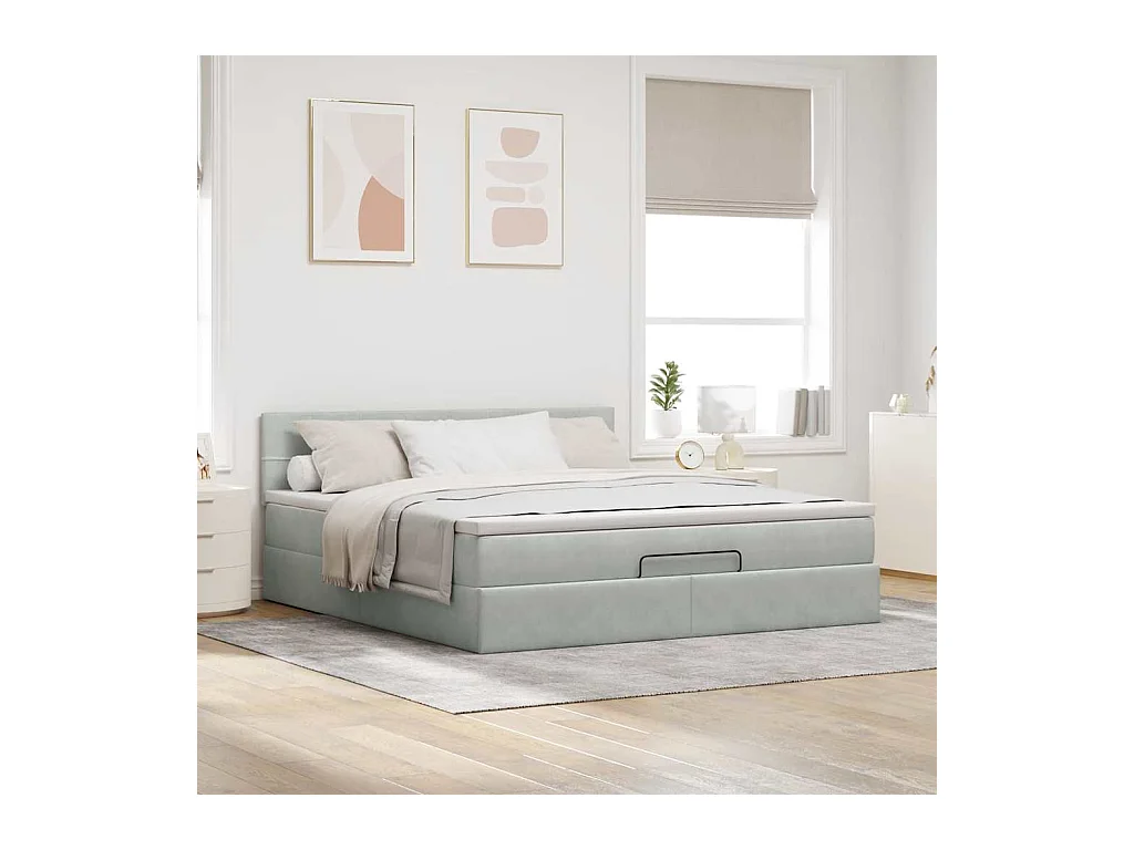 Cadre de lit ottoman avec matelas gris clair 160x200 cm velours