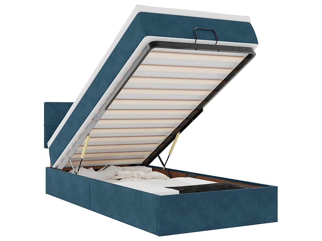 Estructura de cama otomana con colchón terciopelo azul oscuro