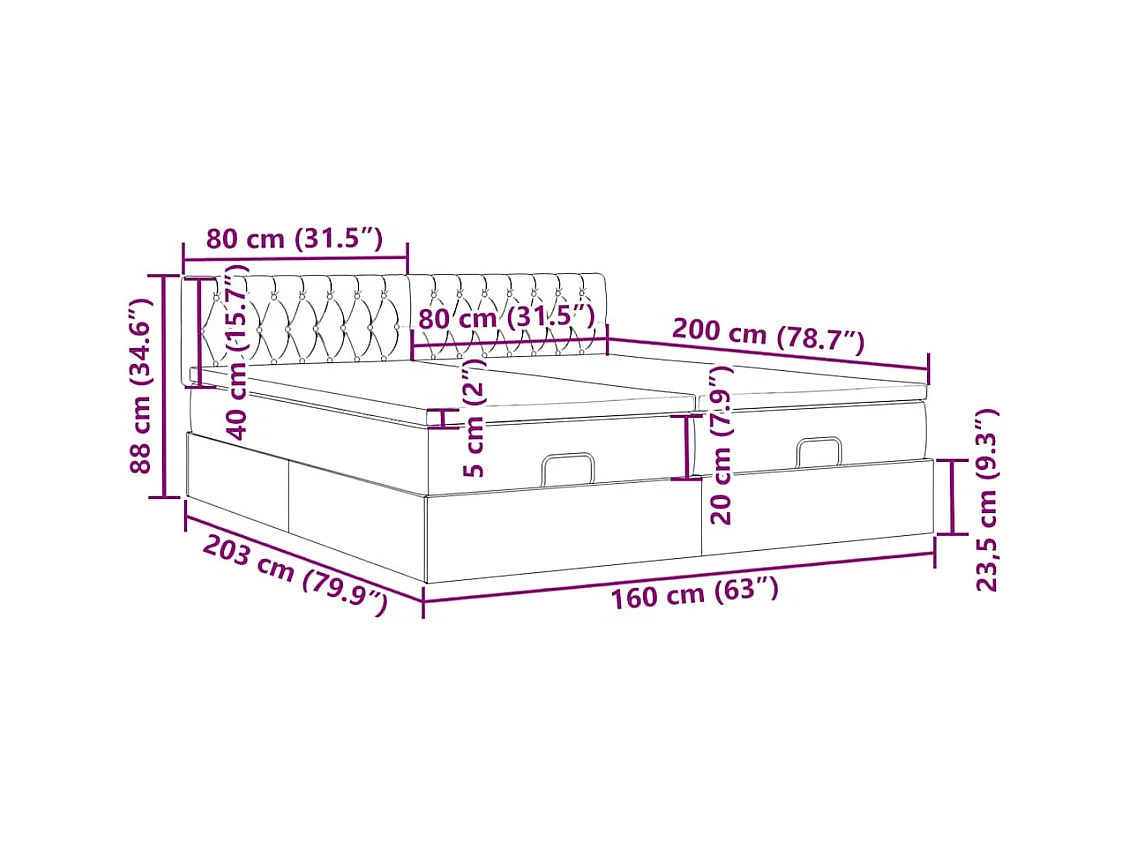 Cadre de lit ottoman et matelas gris clair 160x200cm velours