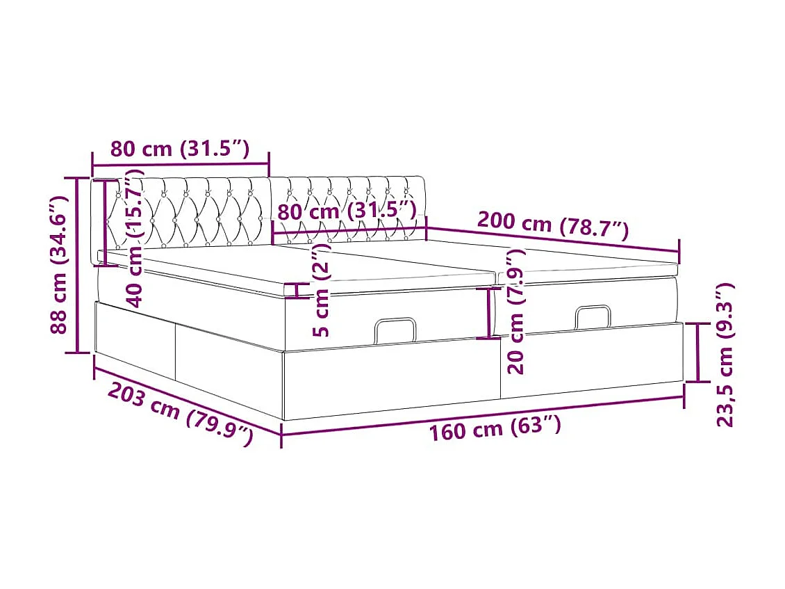 Cadre de lit ottoman et matelas gris clair 160x200cm velours