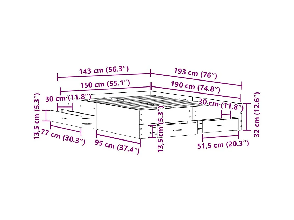Bettgestell mit Schubladen Eiche handwerklich 140 x 190 cm
