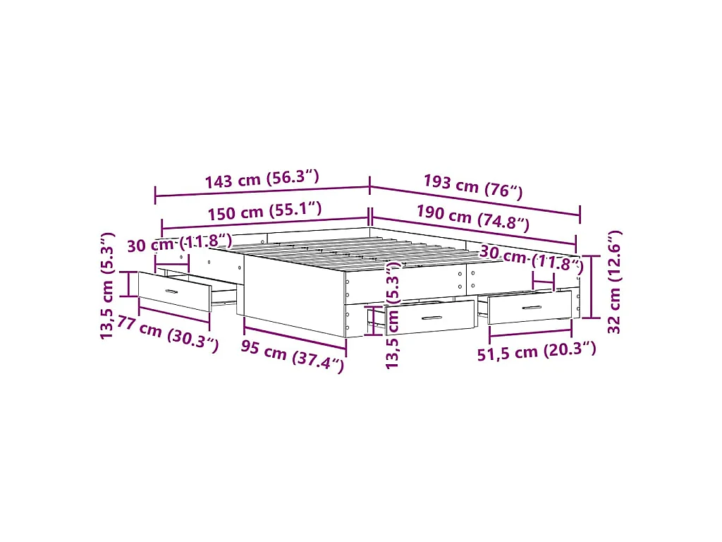 Struttura del letto Rovere artigianale 140 x 190 cm