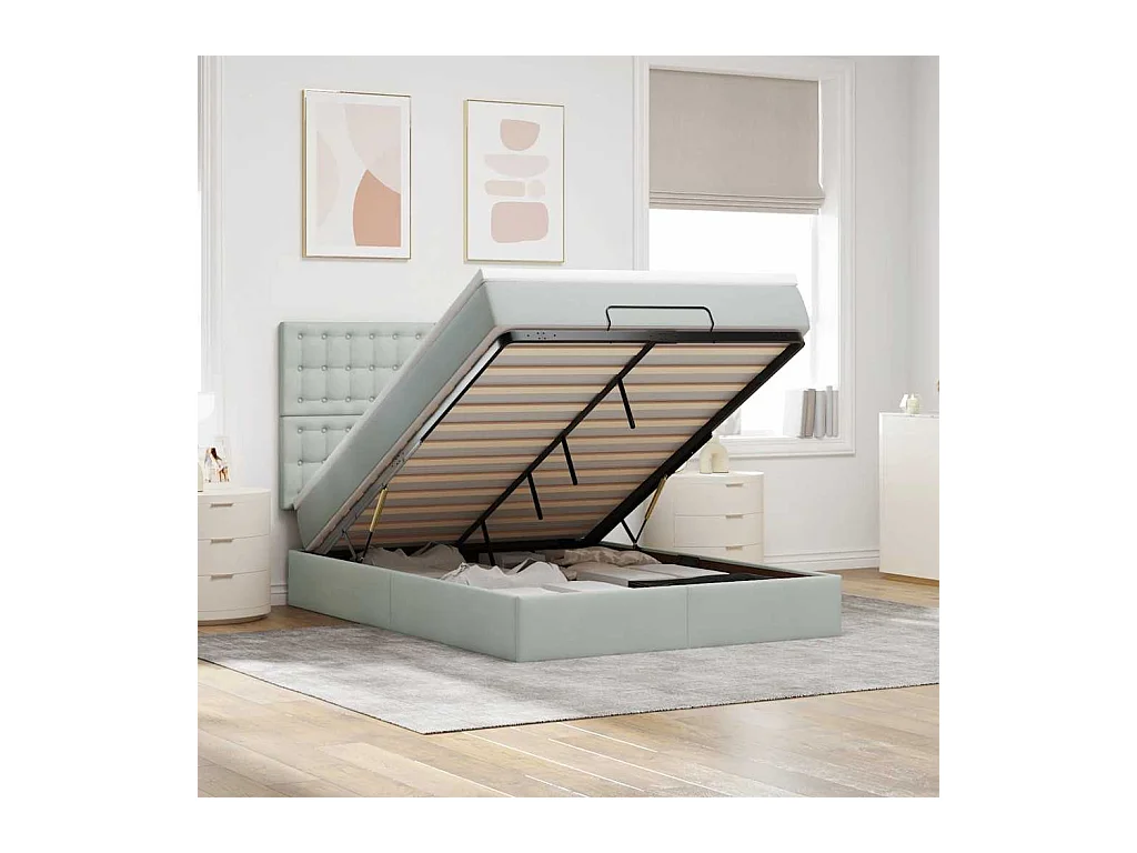 Cadre de lit ottoman avec matelas gris clair 140x200 cm velours