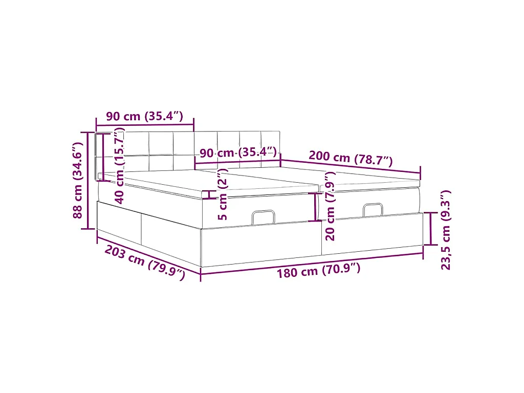 Ottoman bed met matrassen en LED's 180x200cm stof lichtgrijs
