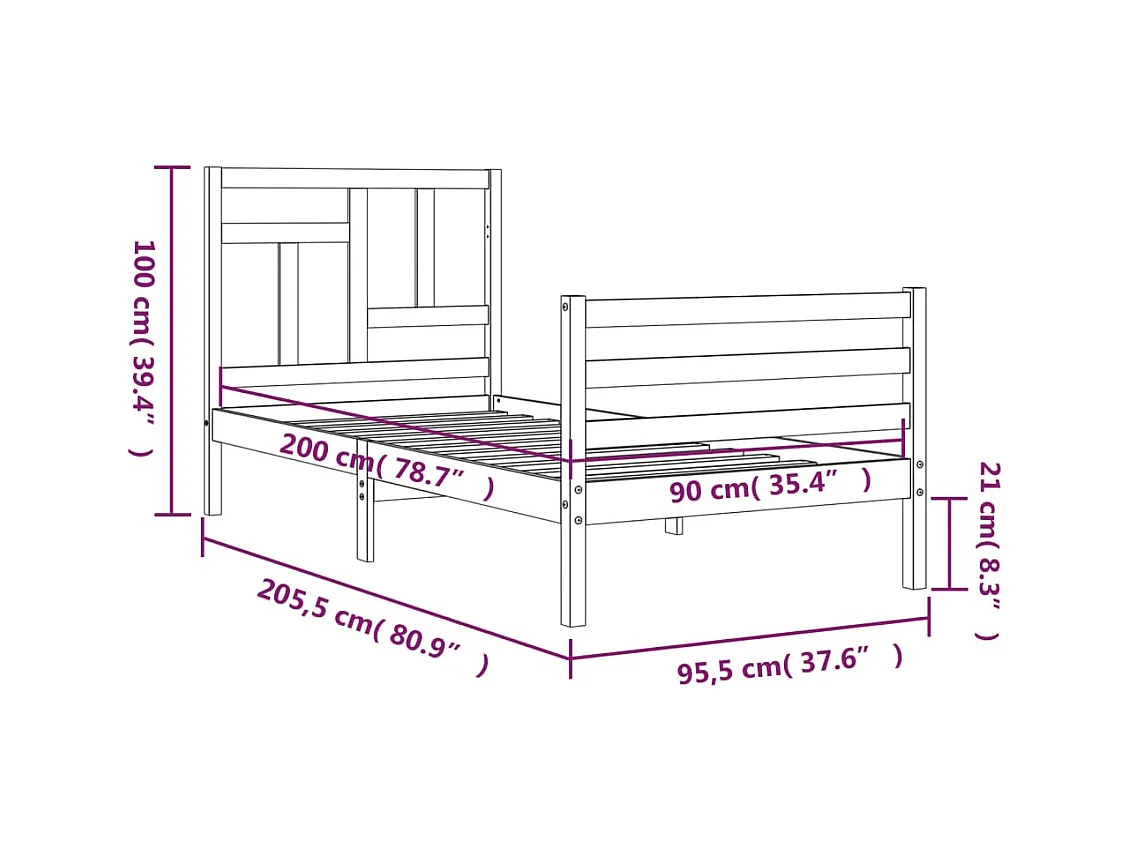 Massivholzbett mit Kopfteil 90x200 cm