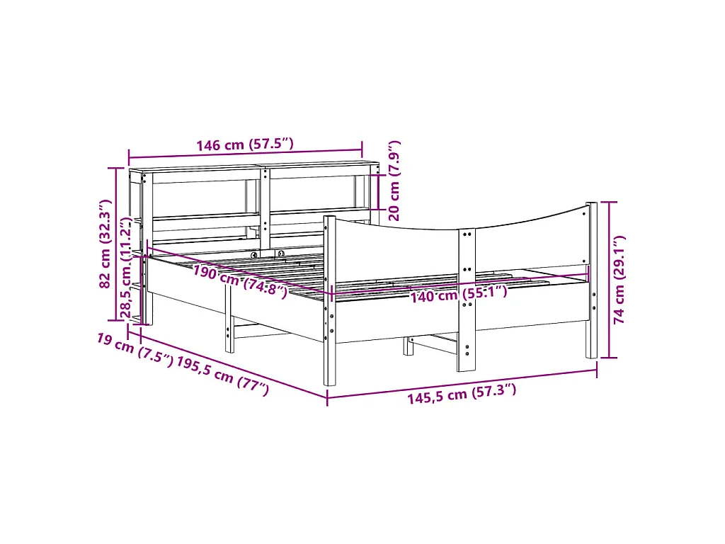Estrutura cama c/ cabeceira 140x190 cm pinho maciço
