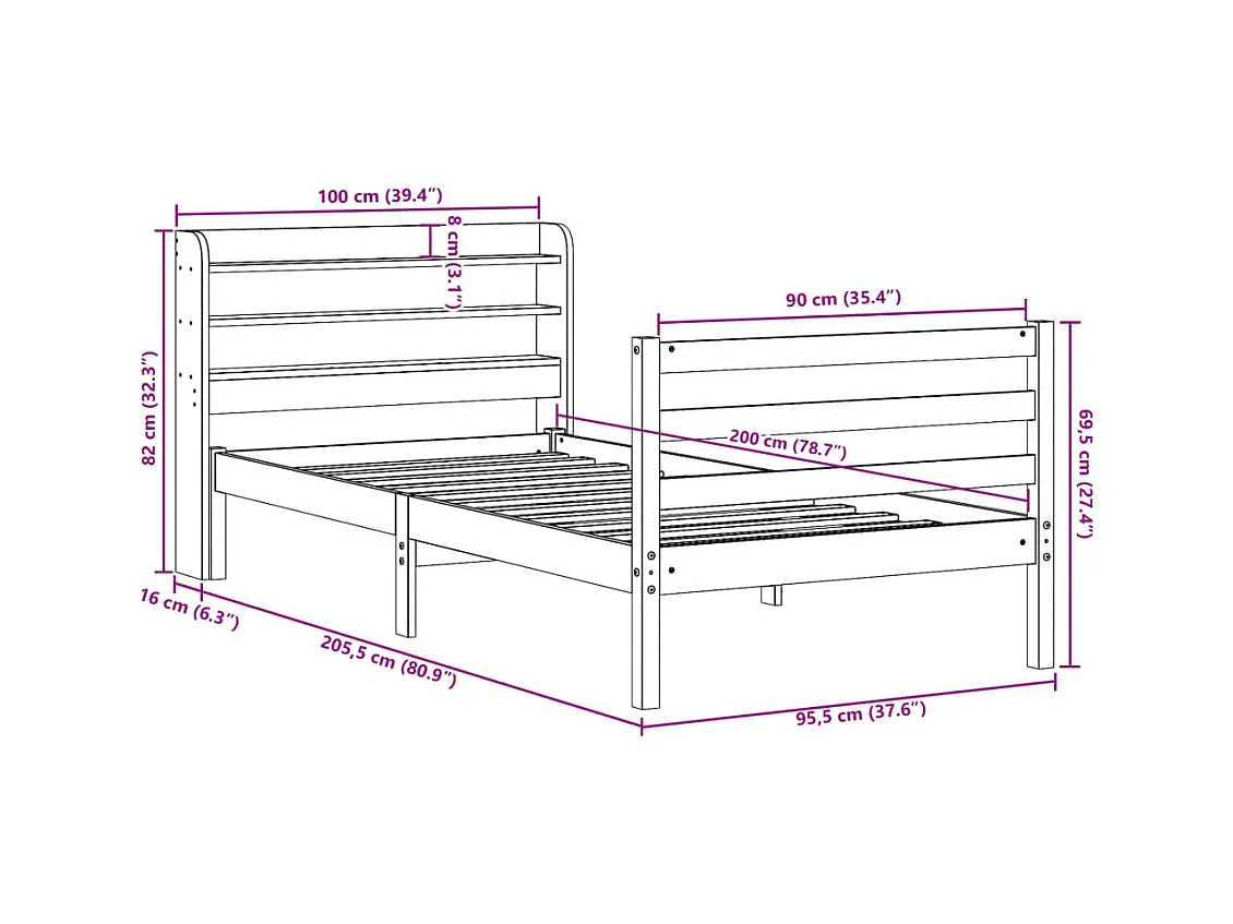 Cadre de lit avec tête de lit sans matelas 90x200 cm
