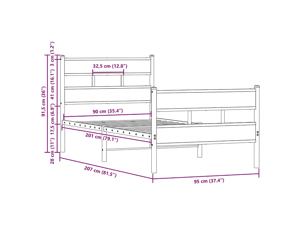 Cadre de lit sans matelas avec tête de lit pied de lit 90x200cm