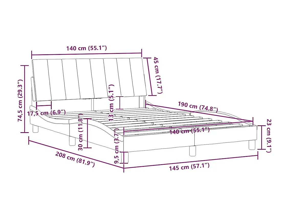 Cadre de lit sans matelas Hanko bleu 140x190 cm velours