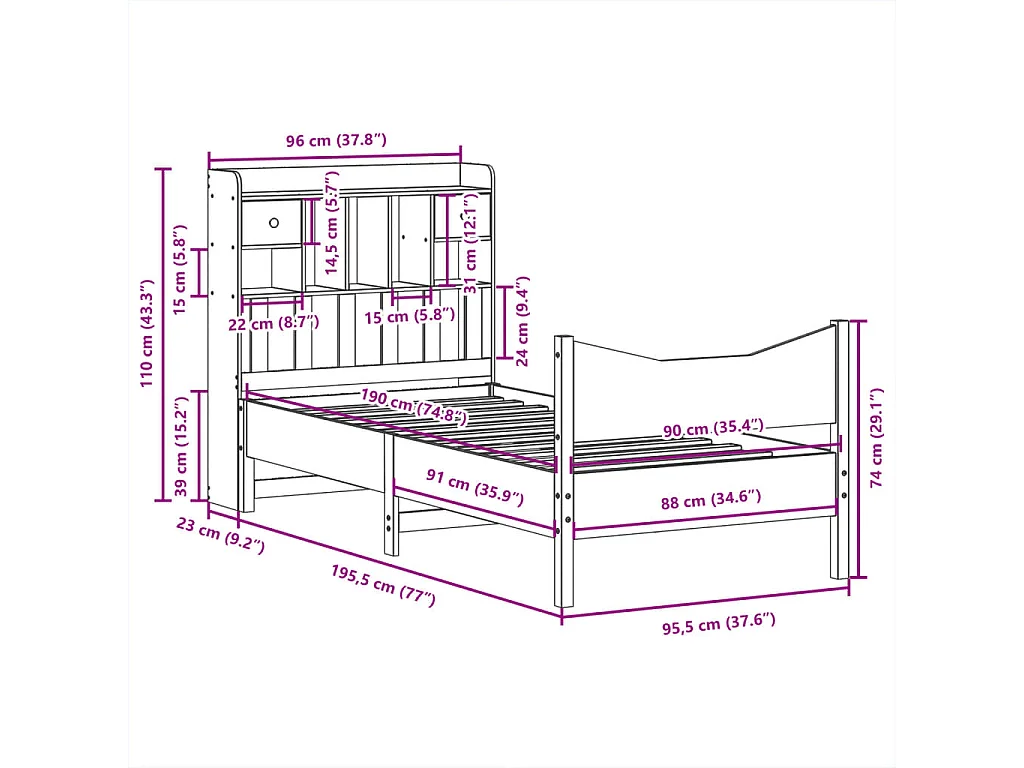 Cama sem colchão 90x190 cm madeira de pinho maciça