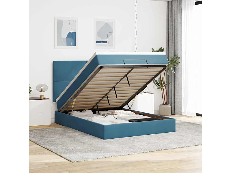 Estrutura cama otomana colchões 140x190 cm veludo azul escuro