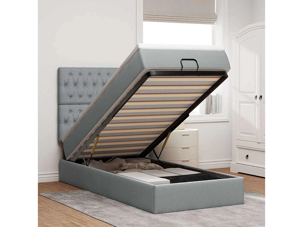 Cadre de lit ottoman et matelas gris clair 100x200 cm tissu