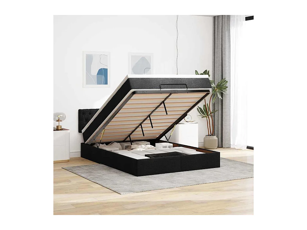 Lit ottoman avec matelas et LED noir 140x190 cm tissu