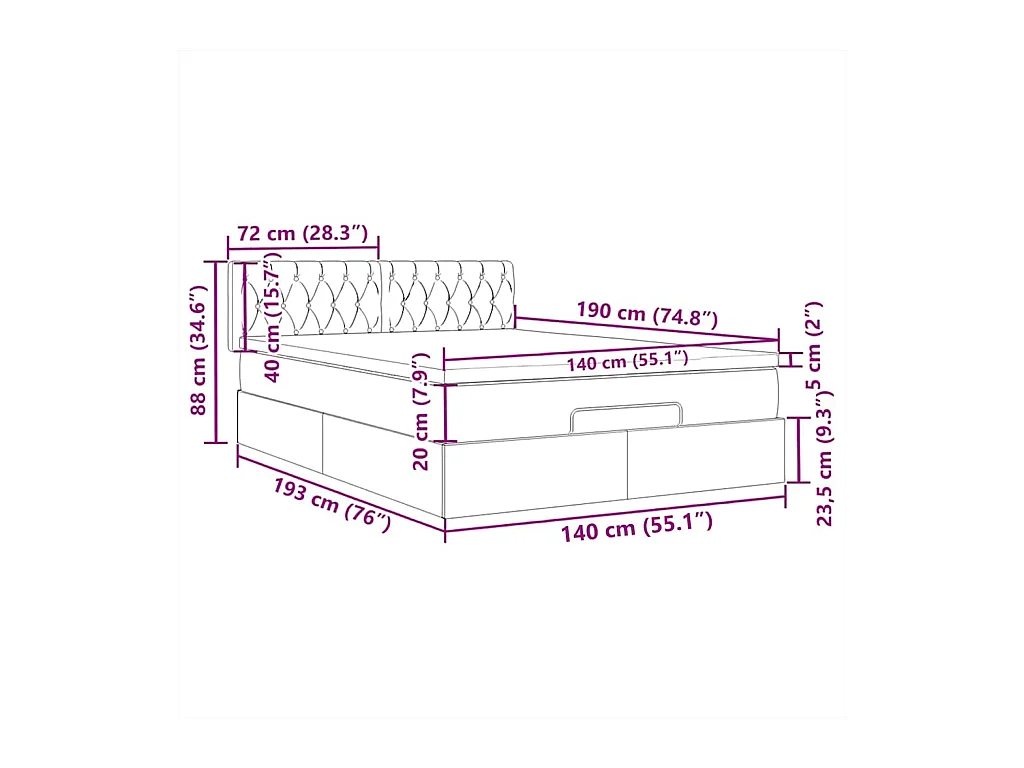 Lit ottoman avec matelas et LED noir 140x190 cm tissu