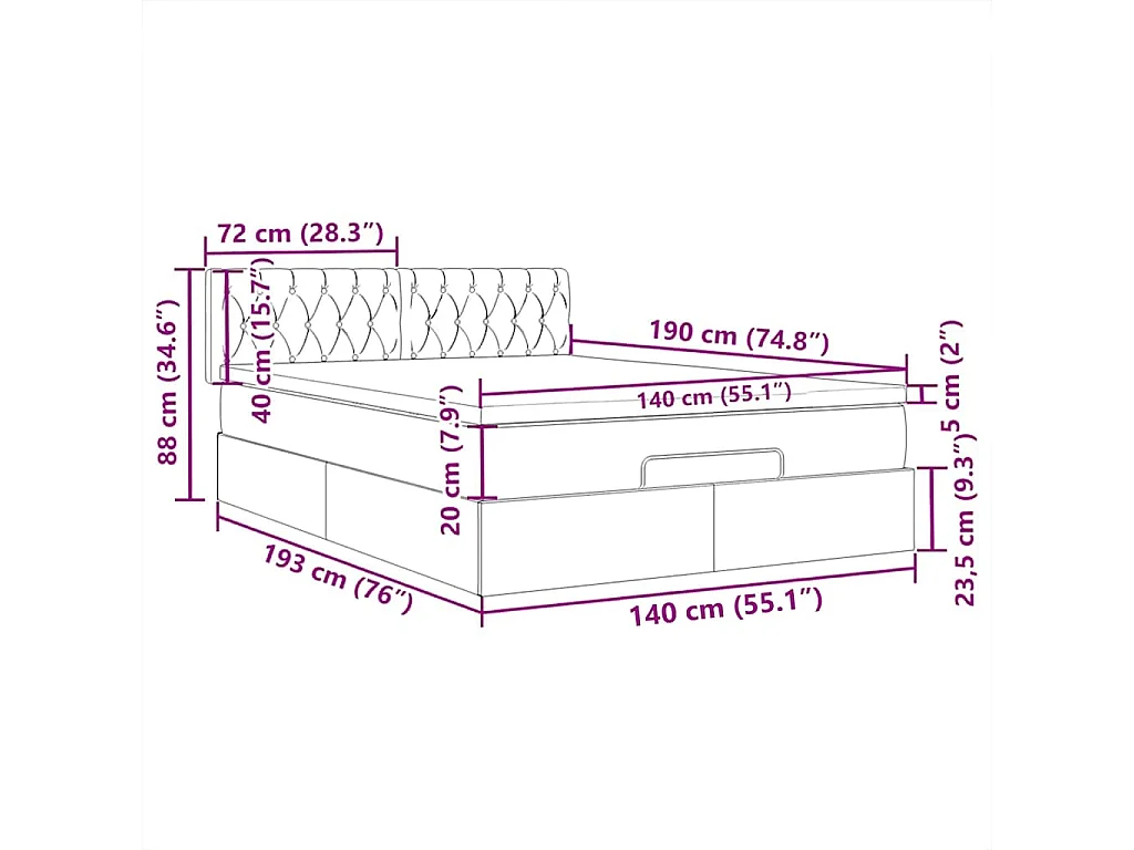 Cama Otomana com Colchão & LEDs Preto 140x190cm Tecido