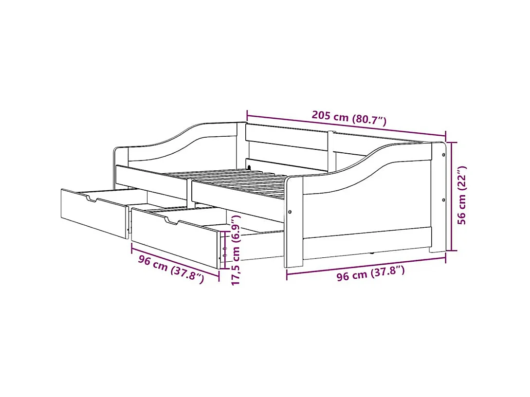 Lit de jour et 2 tiroirs sans matelas IRUN blanc rose 90x200 cm