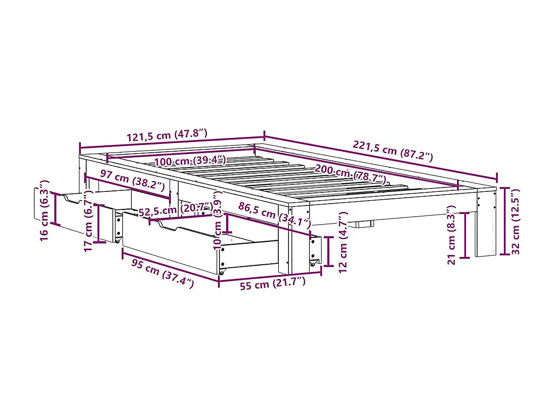 Massivholzbett ohne Matratze 100x200 cm Kiefernholz