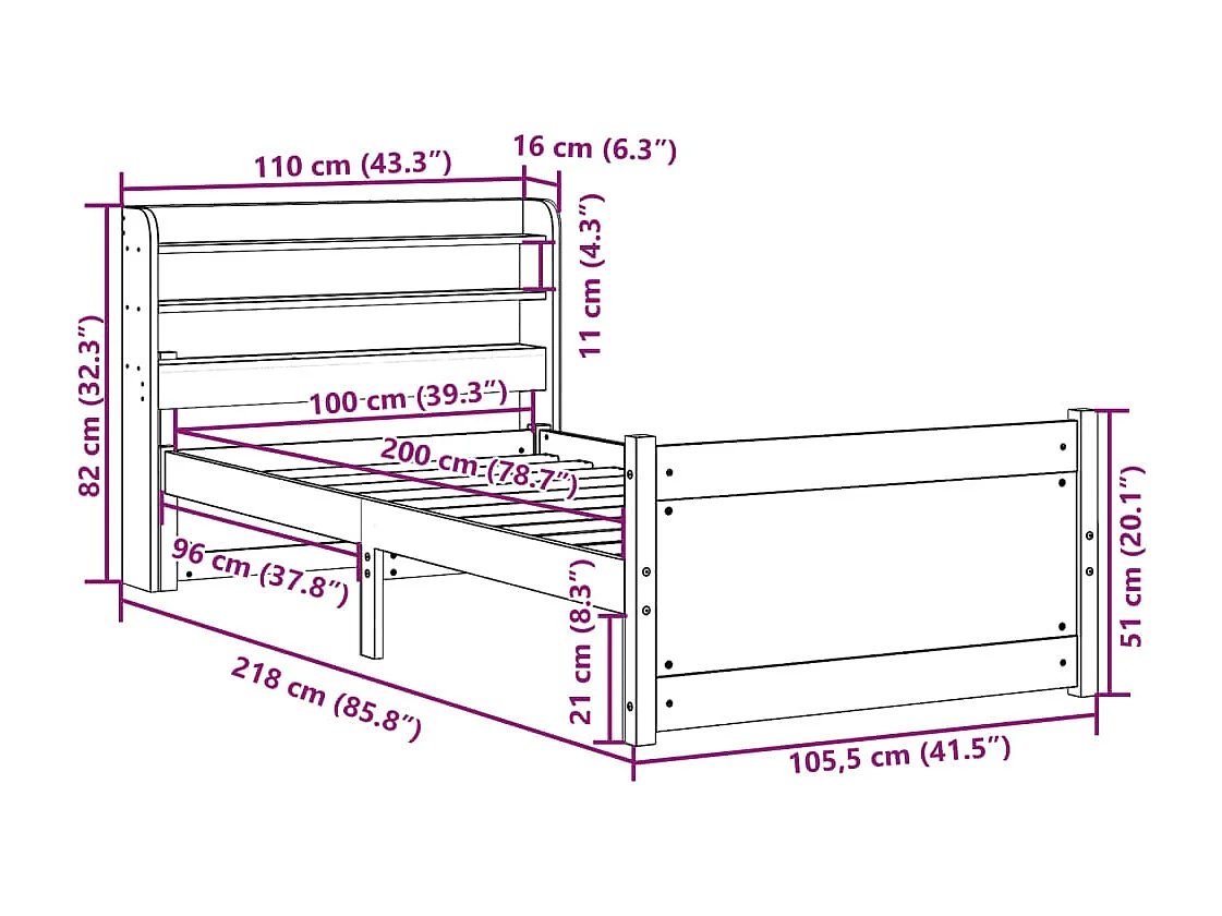 Giroletto con Testiera 100x200 cm Legno Massello di Pino