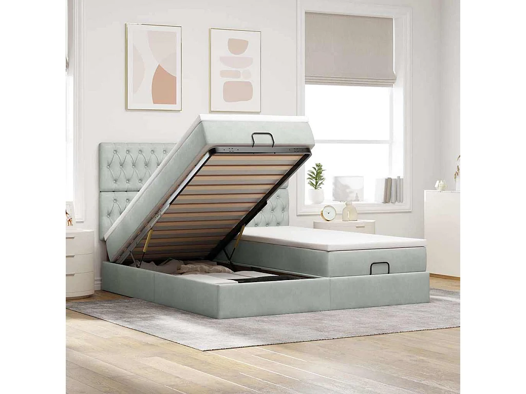 Cadre de lit ottoman et matelas gris clair 180x200cm velours