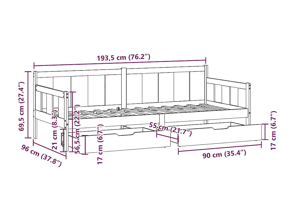 Sofá cama con cajones madera maciza de pino 90x190 cm