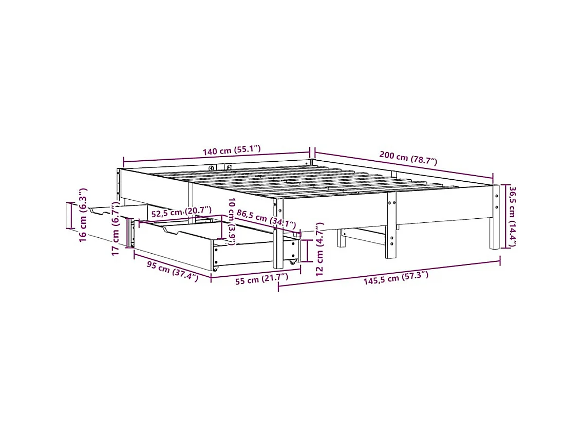 Cadre de lit sans matelas 140x200 cm bois massif de pin