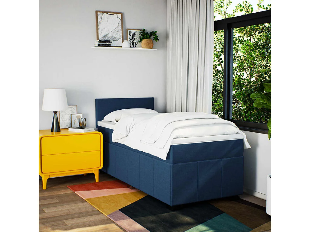 Cama box spring con colchón tela azul 100x200 cm