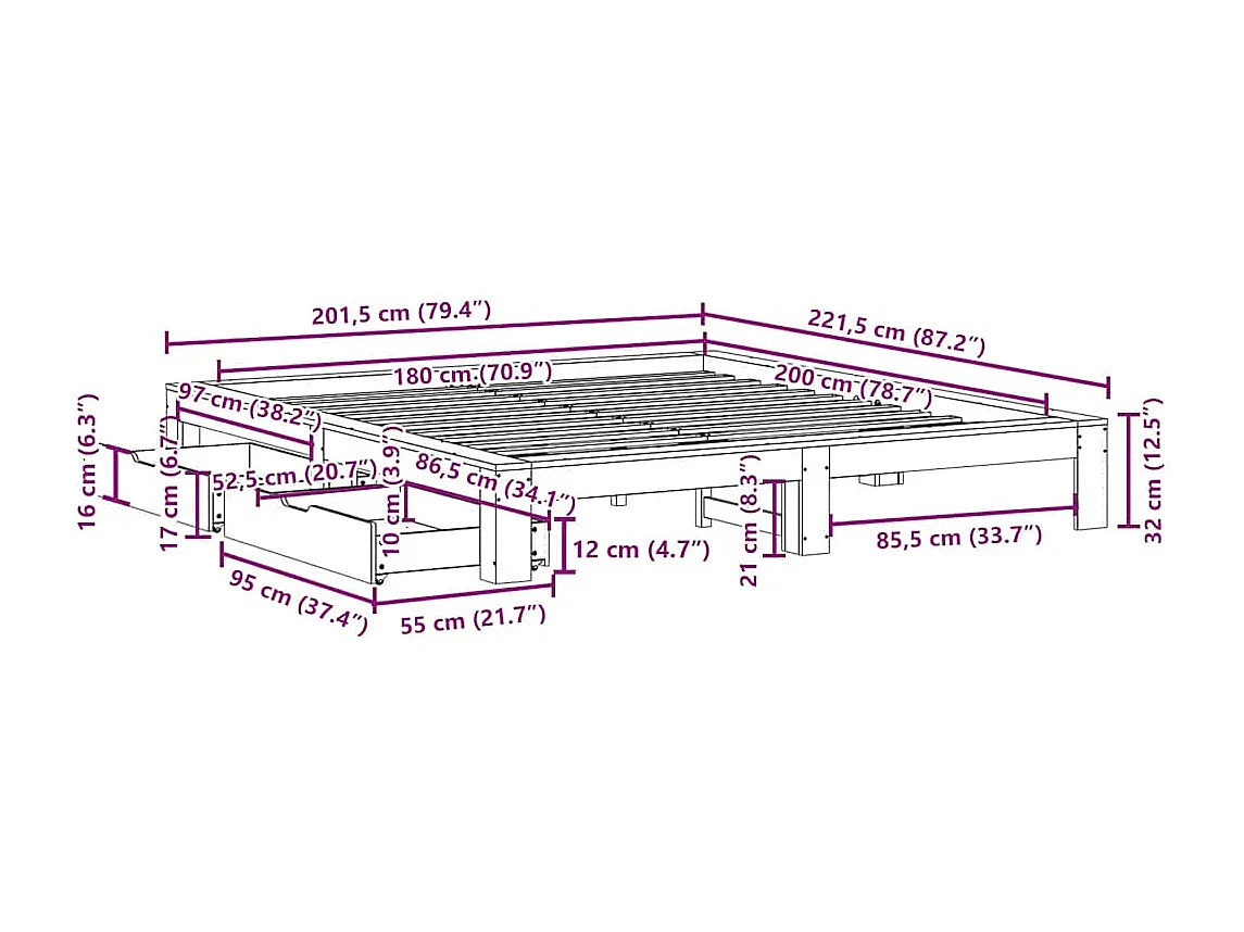 Cadre de lit sans matelas cire marron 180x200cm bois pin massif