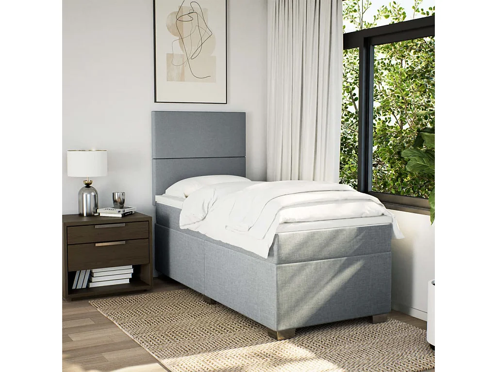 Cama box spring con colchón tela gris claro 90x200 cm