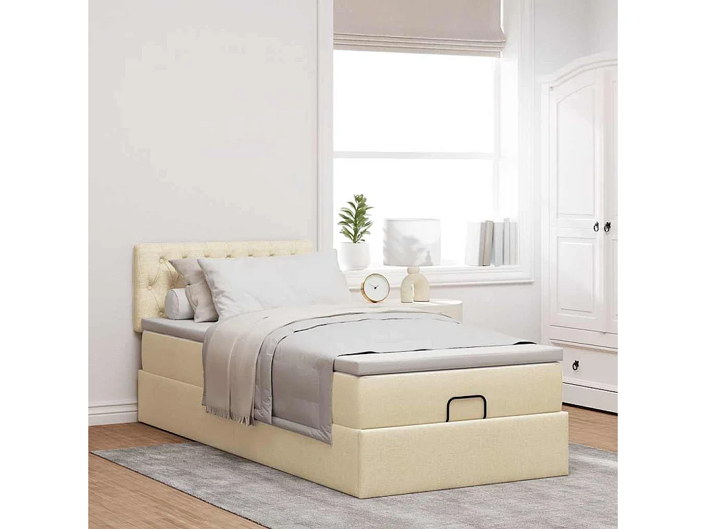 Pouf Letto con Materasso e LED Crema 90x200 cm in Tessuto