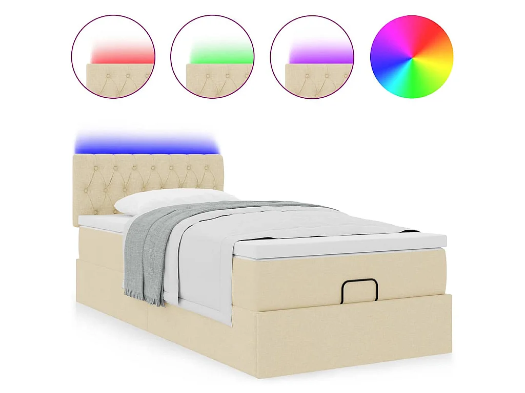 Pouf Letto con Materasso e LED Crema 90x200 cm in Tessuto