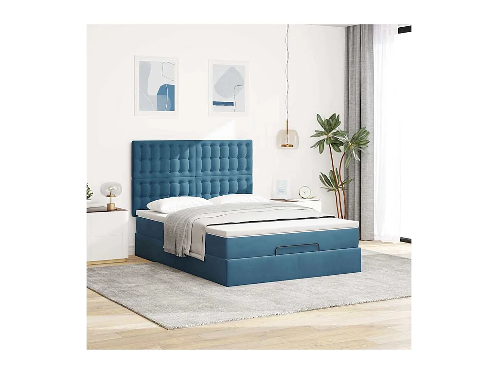 Cadre de lit ottoman avec matelas bleu foncé 140x190 cm velours