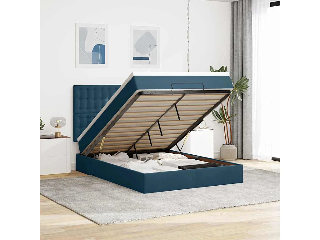 Cadre de lit ottoman avec matelas bleu foncé 140x190 cm velours