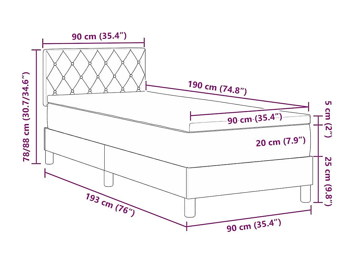 Cama Box com colchão Cinzento-claro 90 x 190 cm Veludo