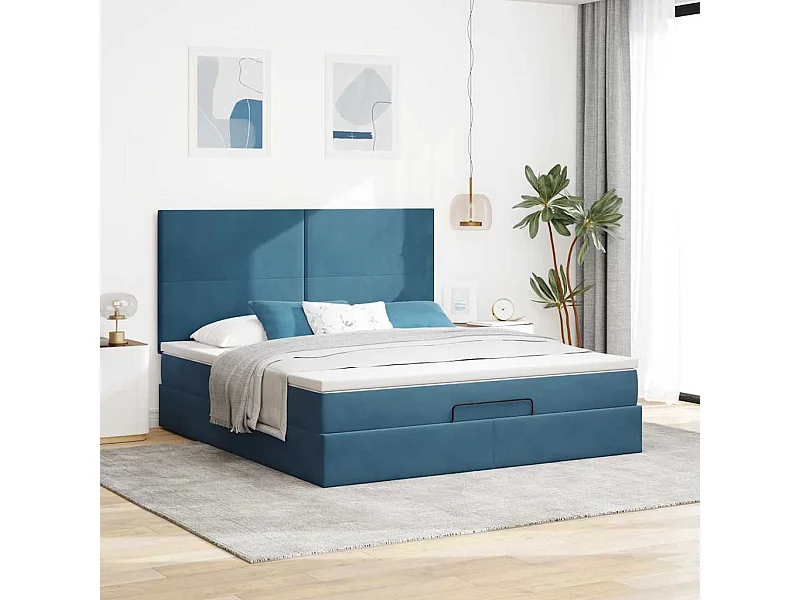 Cadre de lit ottoman avec matelas bleu foncé 160x200 cm velours