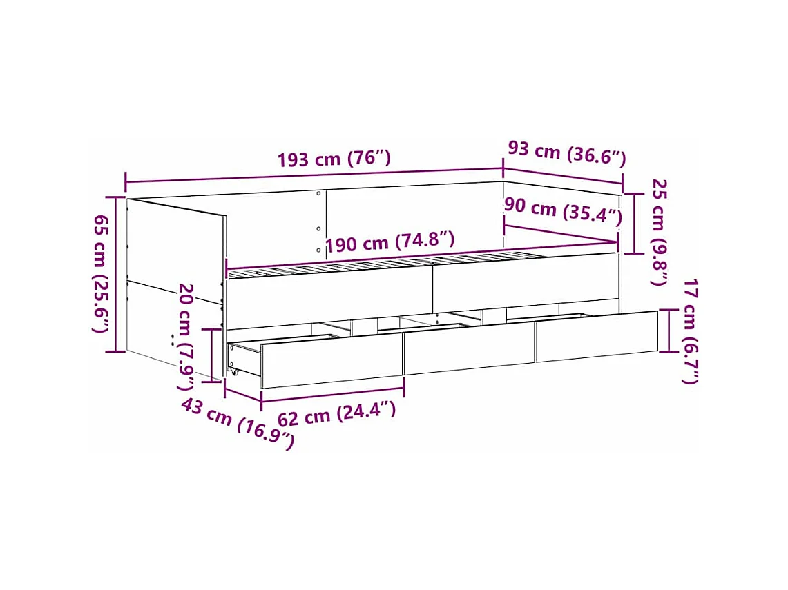 Cadre de lit de jour avec tiroirs Bois ancien 90 x 190 cm