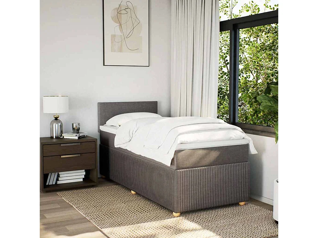 Cama box spring con colchón tela gris taupe 100x200 cm