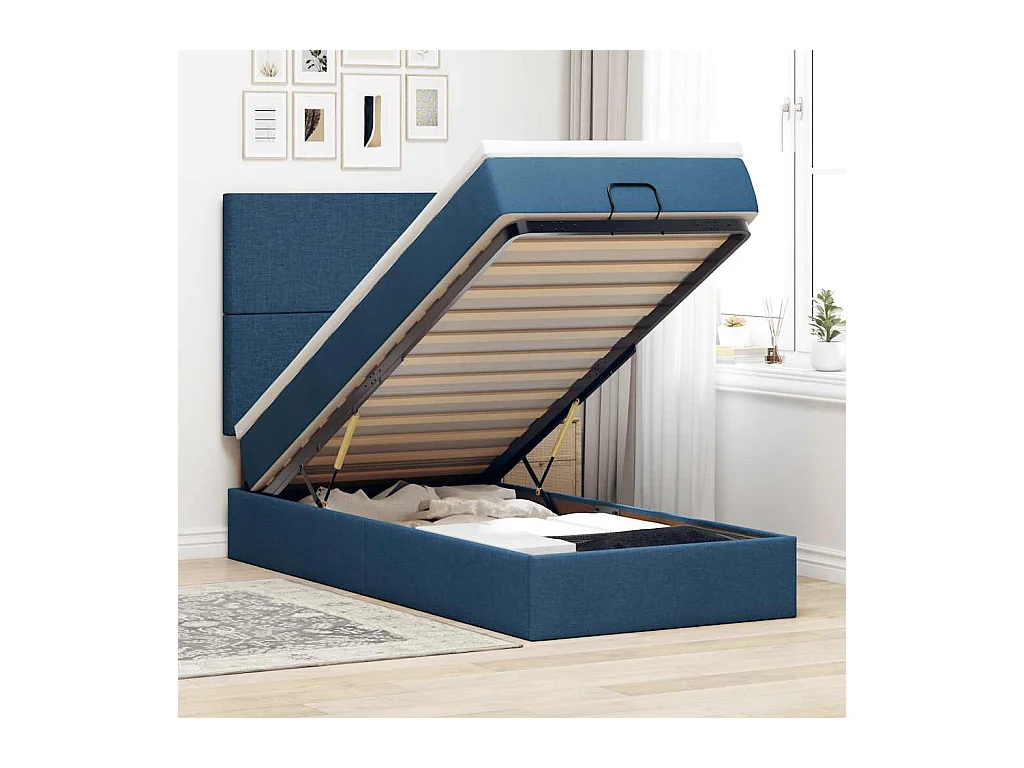 Cadre de lit ottoman avec matelas bleu 90x190 cm tissu