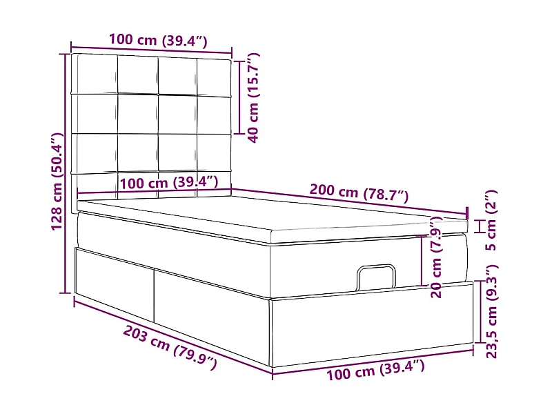 Cadre de lit ottoman avec matelas gris foncé 100x200 cm tissu