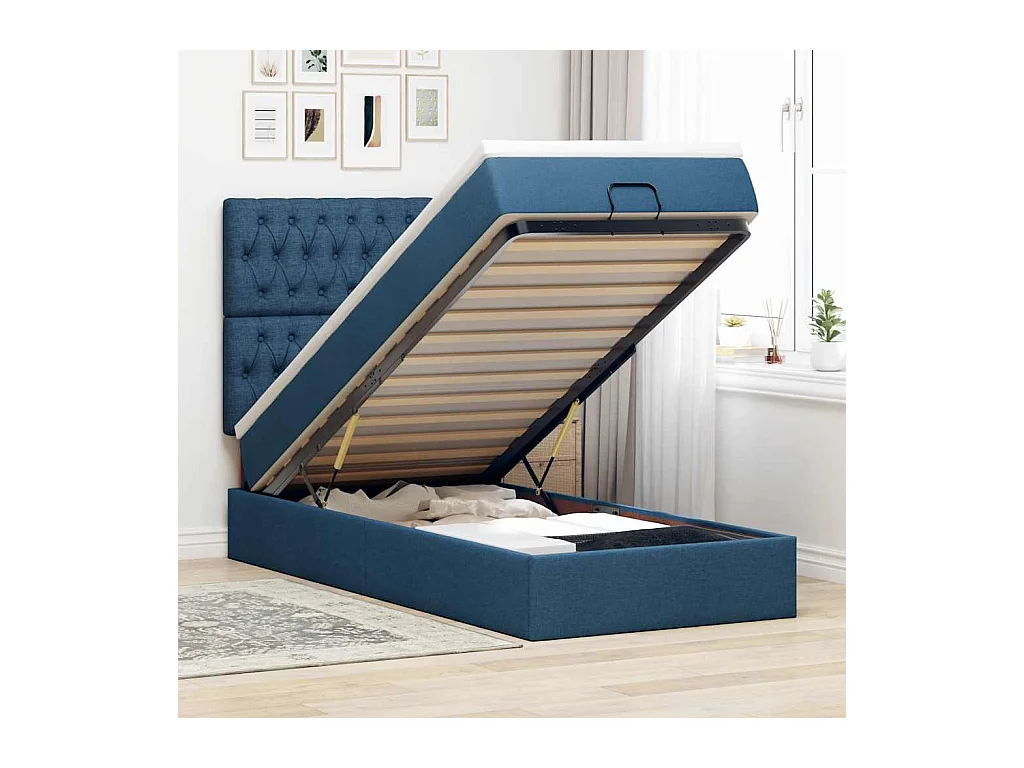 Cadre de lit ottoman avec matelas bleu 90x190 cm tissu