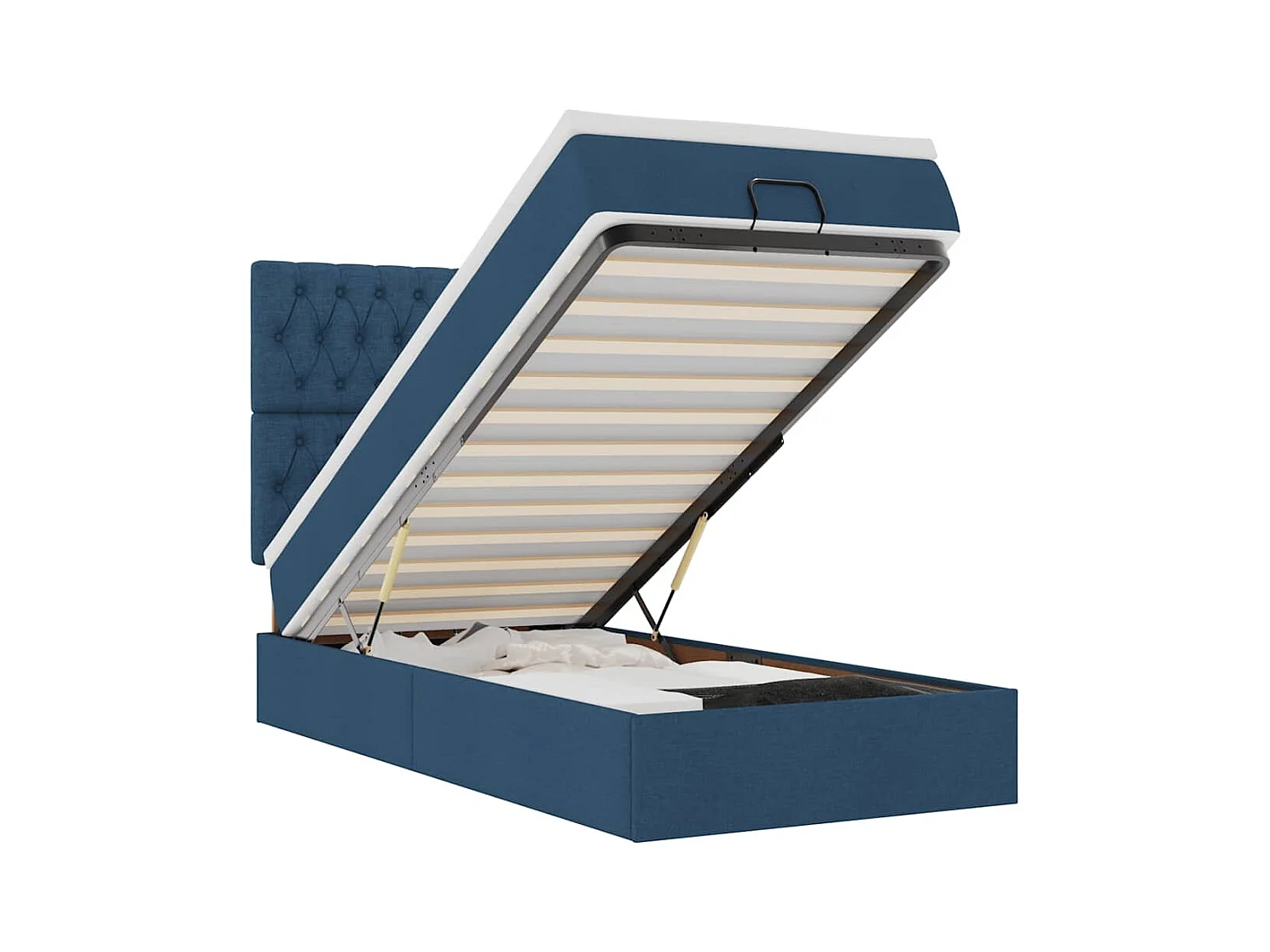 Cadre de lit ottoman avec matelas bleu 90x190 cm tissu