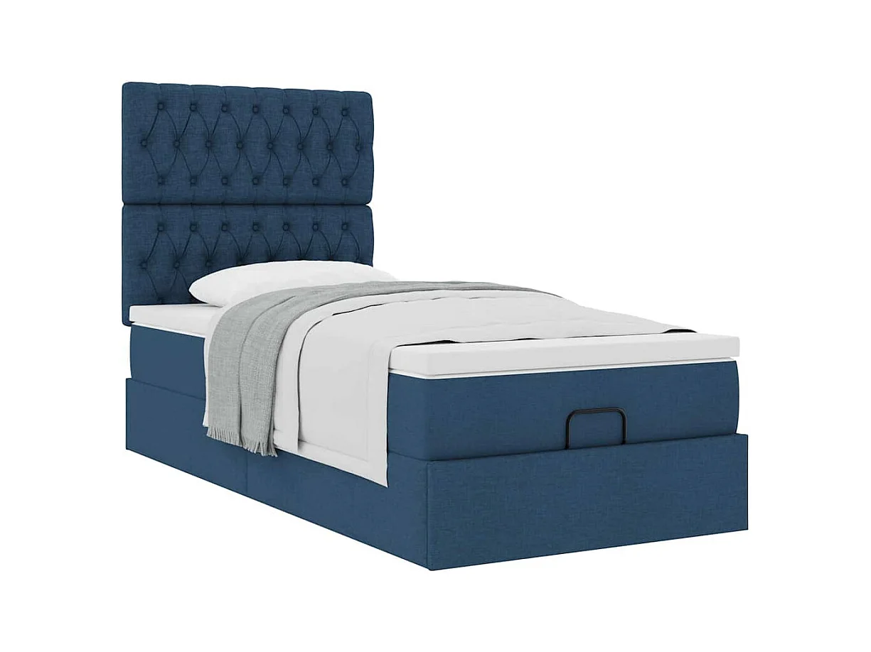Cadre de lit ottoman avec matelas bleu 90x190 cm tissu