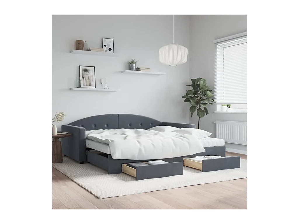 Lit de jour et gigogne et tiroirs gris foncé 100x200 cm velours