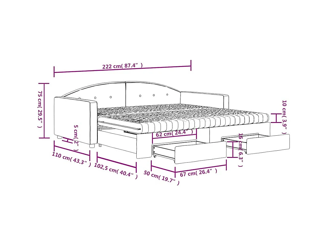 Lit de jour et gigogne et tiroirs gris foncé 100x200 cm velours