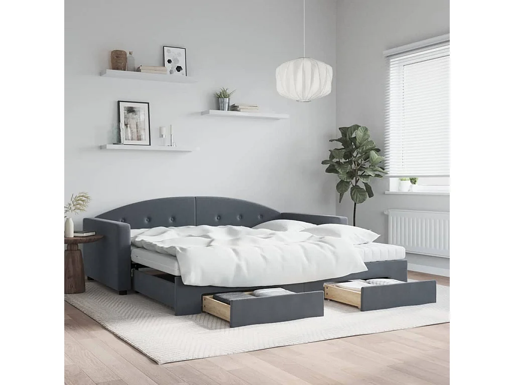 Divano Letto Estraibile Cassetti Grigio Scuro 100x200cm Velluto