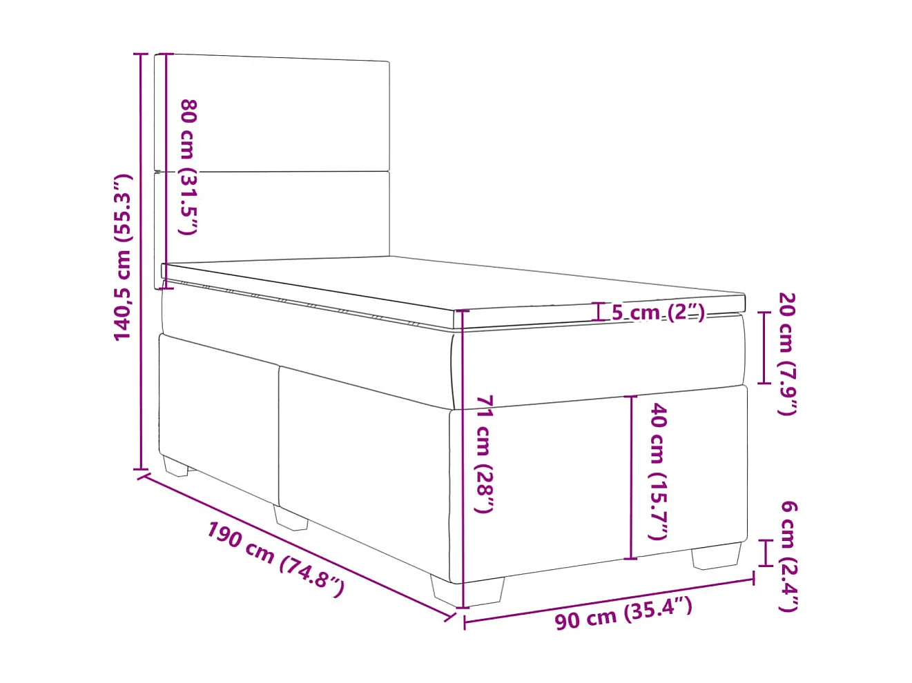 Cama box spring con colchón terciopelo rosa 90x190 cm
