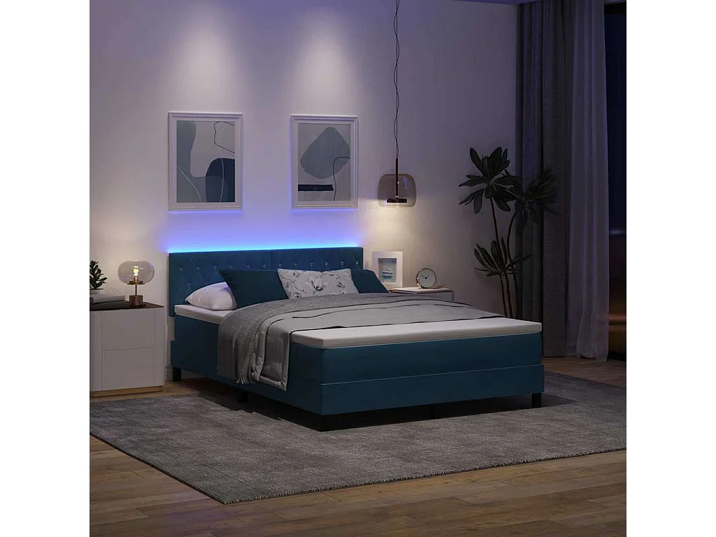 LED Box Spring Bed met matras Donkerblauw 140 x 200 cm Fluweel