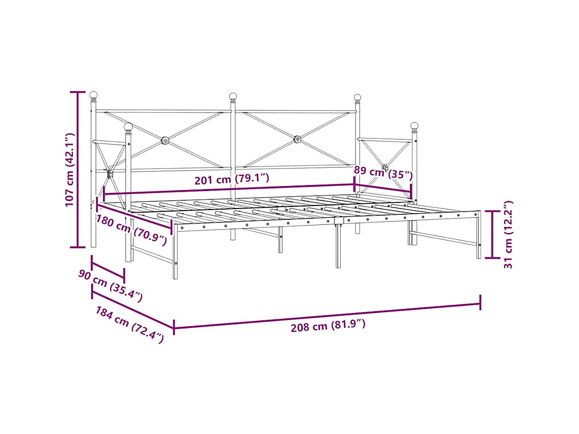 Lit de jour avec lit gigogne sans matelas blanc 90x200 cm acier