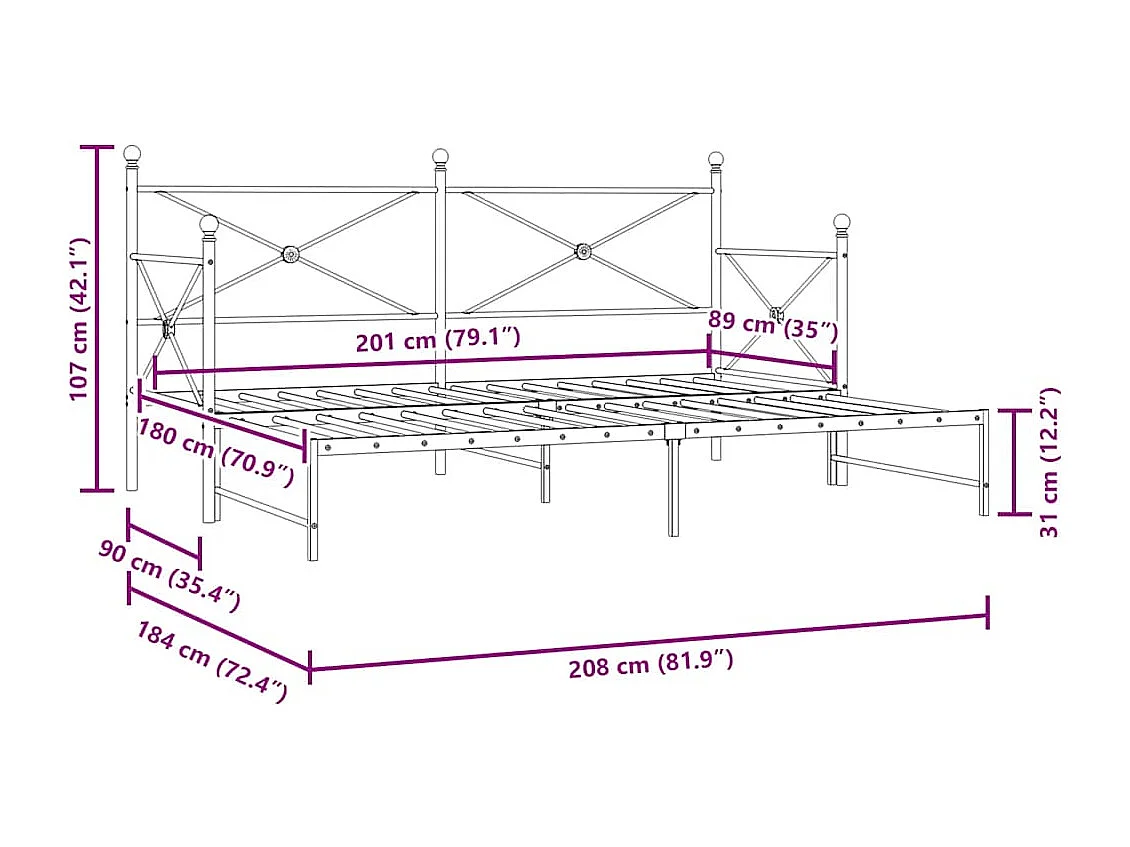 Tagesbett Ausziehbar ohne Matratze Weiß 90x200 cm Stahl