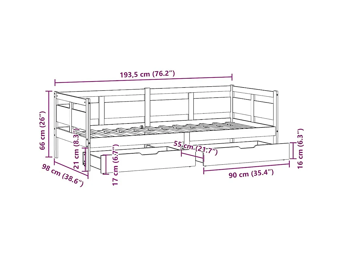 Tagesbett mit Schubladen Weiß 90x190 cm Kiefernholz