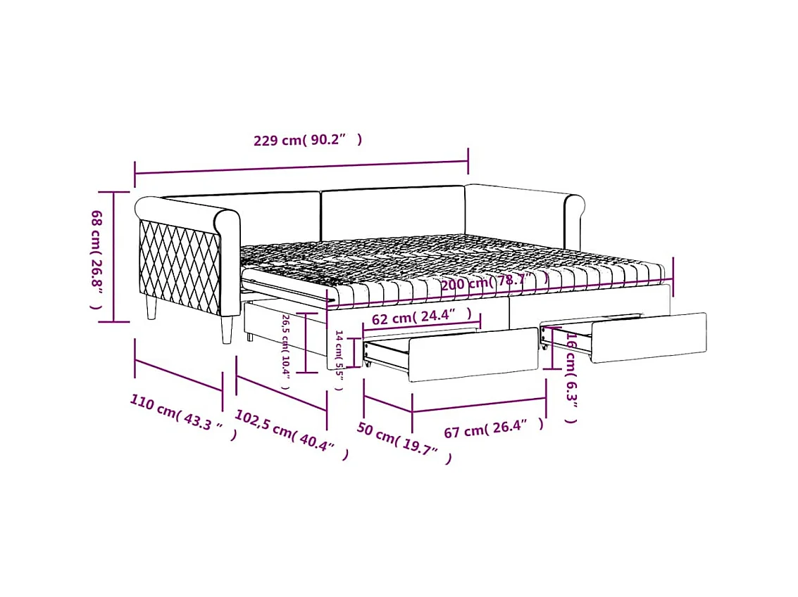 Lit de jour et gigogne et tiroirs gris foncé 100x200 cm velours
